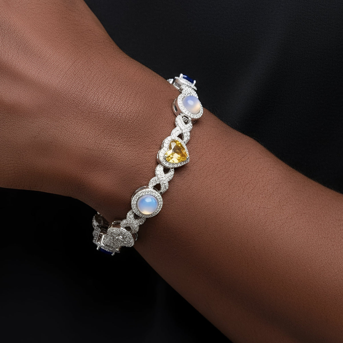 Flower Infinity Color Gemstone Moissanite Bracelet – 925 Sterling Silver, 14K White Gold Finish, view 2