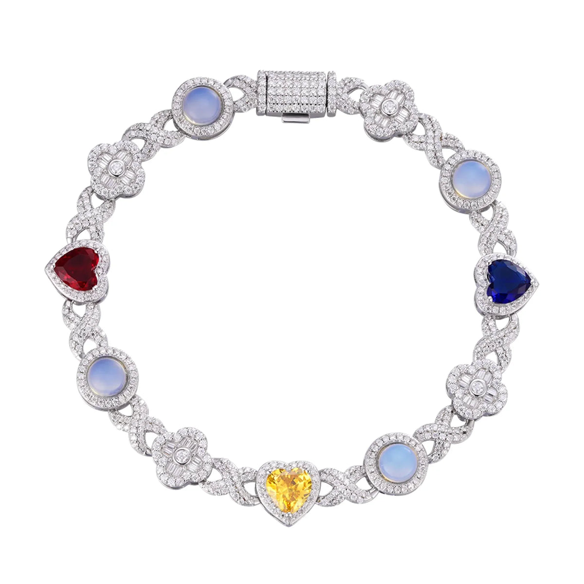Flower Infinity Color Gemstone Moissanite Bracelet – 925 Sterling Silver, 14K White Gold Finish