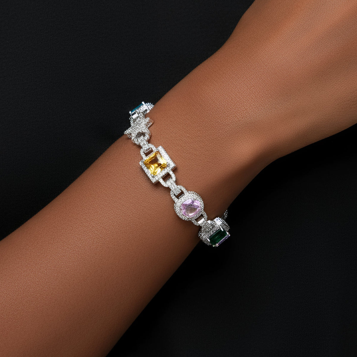 Star Link Color Stone Moissanite Bracelet – 925 Sterling Silver, 14K White Gold Finish, view 2