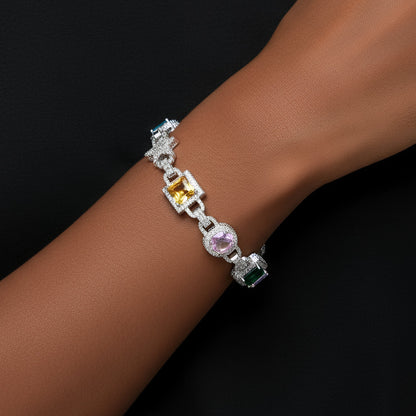 Star Link Color Stone Moissanite Bracelet – 925 Sterling Silver, 14K White Gold Finish, view 2