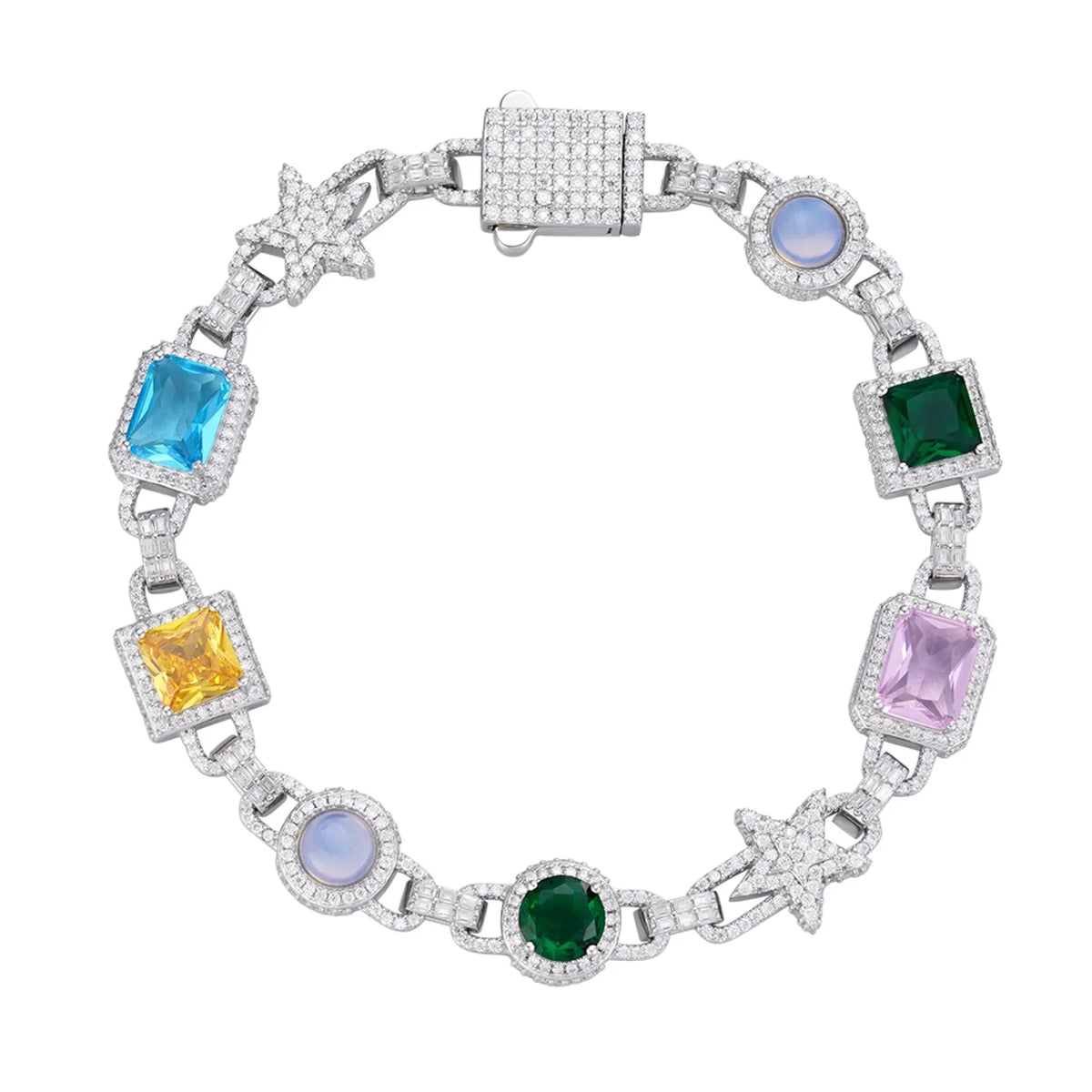 Star Link Color Stone Moissanite Bracelet – 925 Sterling Silver, 14K White Gold Finish
