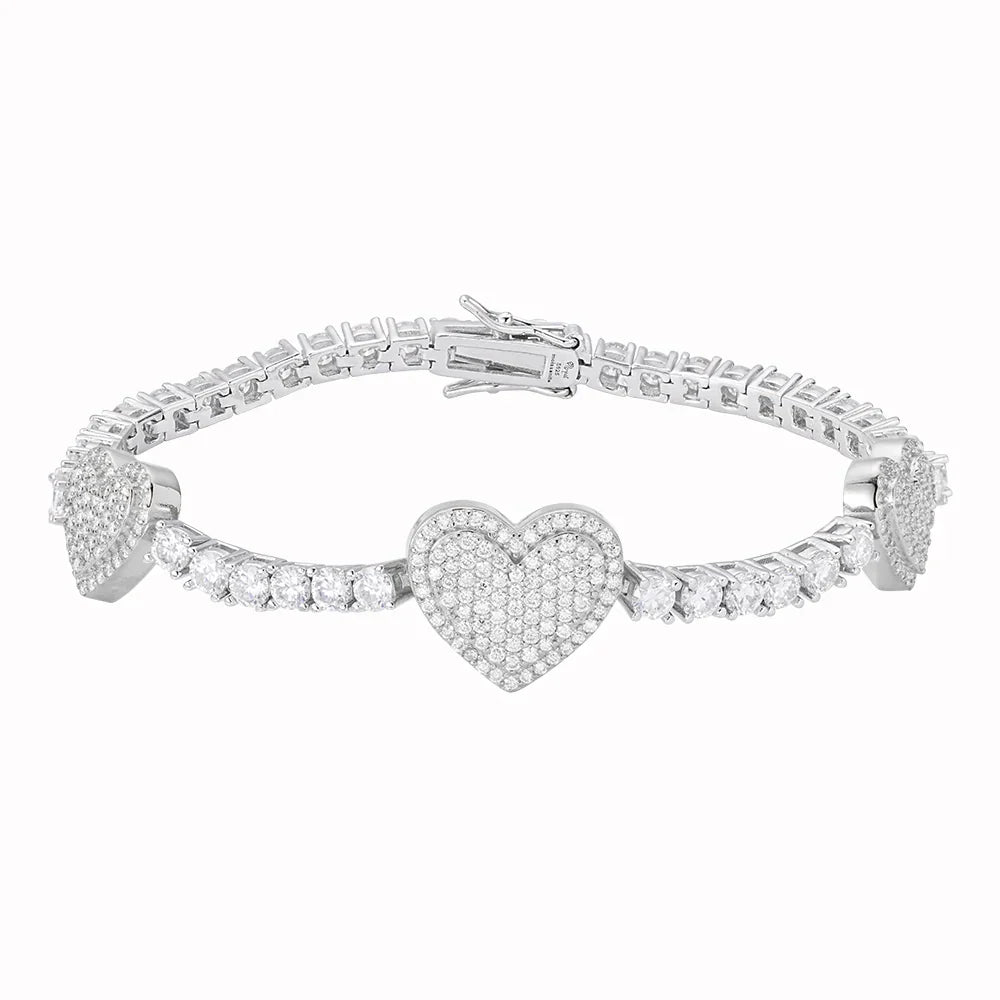 3mm Tennis & Heart Link VVS D Moissanite Bracelet – 925 Sterling Silver