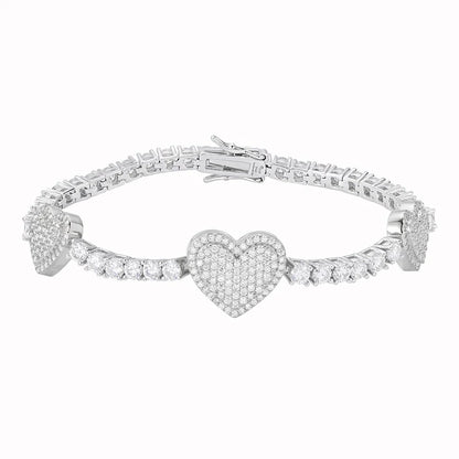 3mm Tennis & Heart Link VVS D Moissanite Bracelet – 925 Sterling Silver