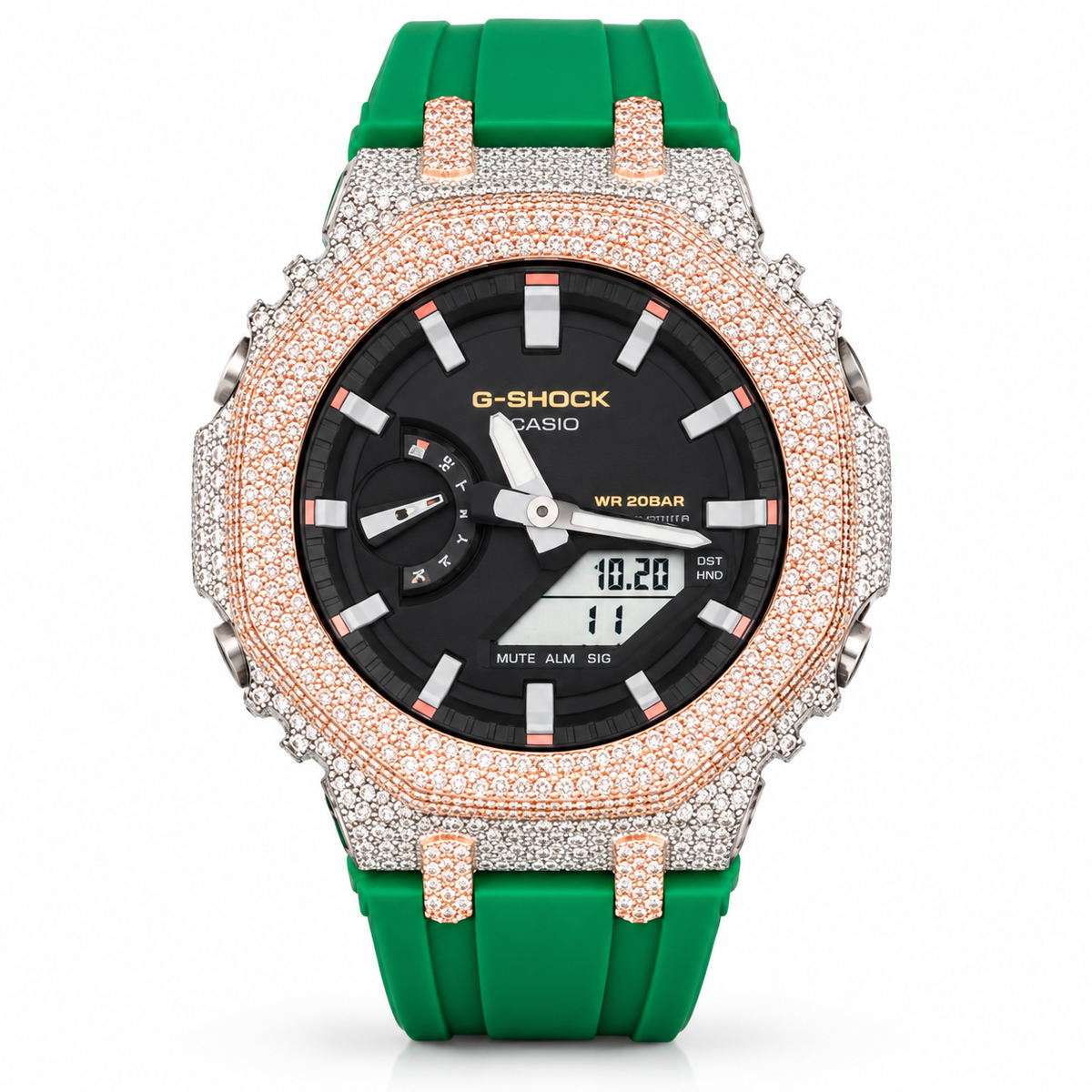 Iced Out Moissanite G-Shock Watch – Two-Tone Rose & White Bezel, Green Band