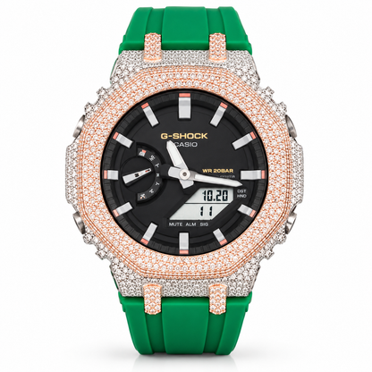 Iced Out Moissanite G-Shock Watch – Two-Tone Rose & White Bezel, Green Band