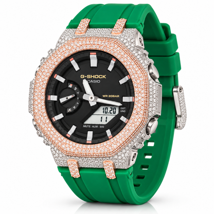 Iced Out Moissanite G-Shock Watch – Two-Tone Rose & White Bezel, Green Band, view 2