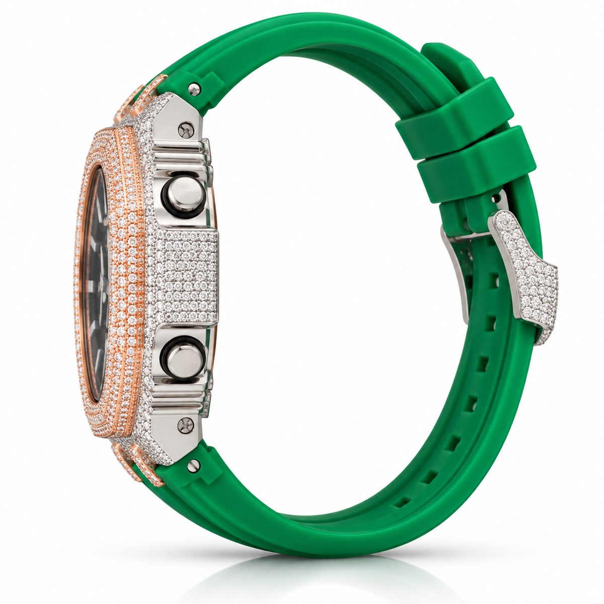 Iced Out Moissanite G-Shock Watch – Two-Tone Rose & White Bezel, Green Band, view 3