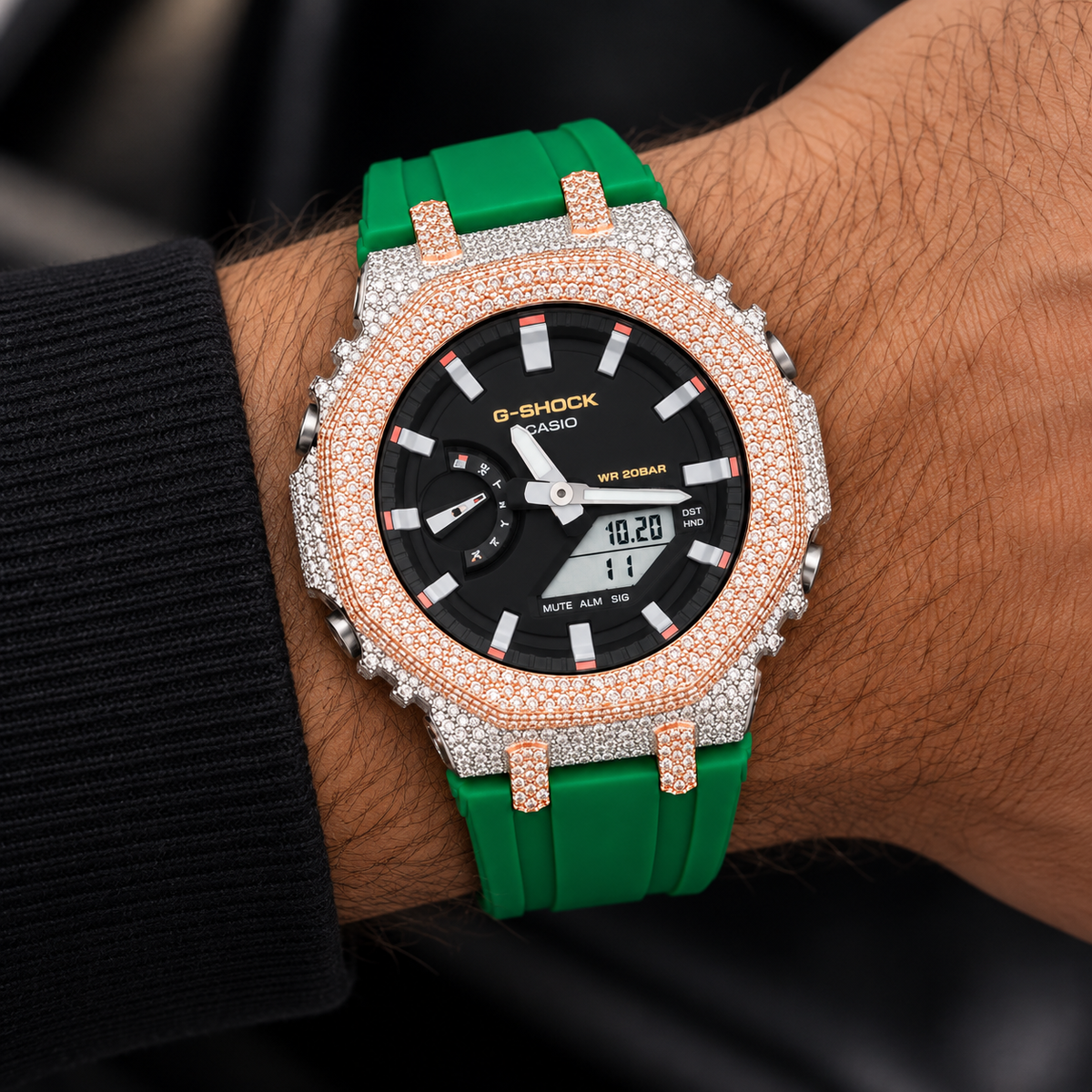 Iced Out Moissanite G-Shock Watch – Two-Tone Rose & White Bezel, Green Band, view 4
