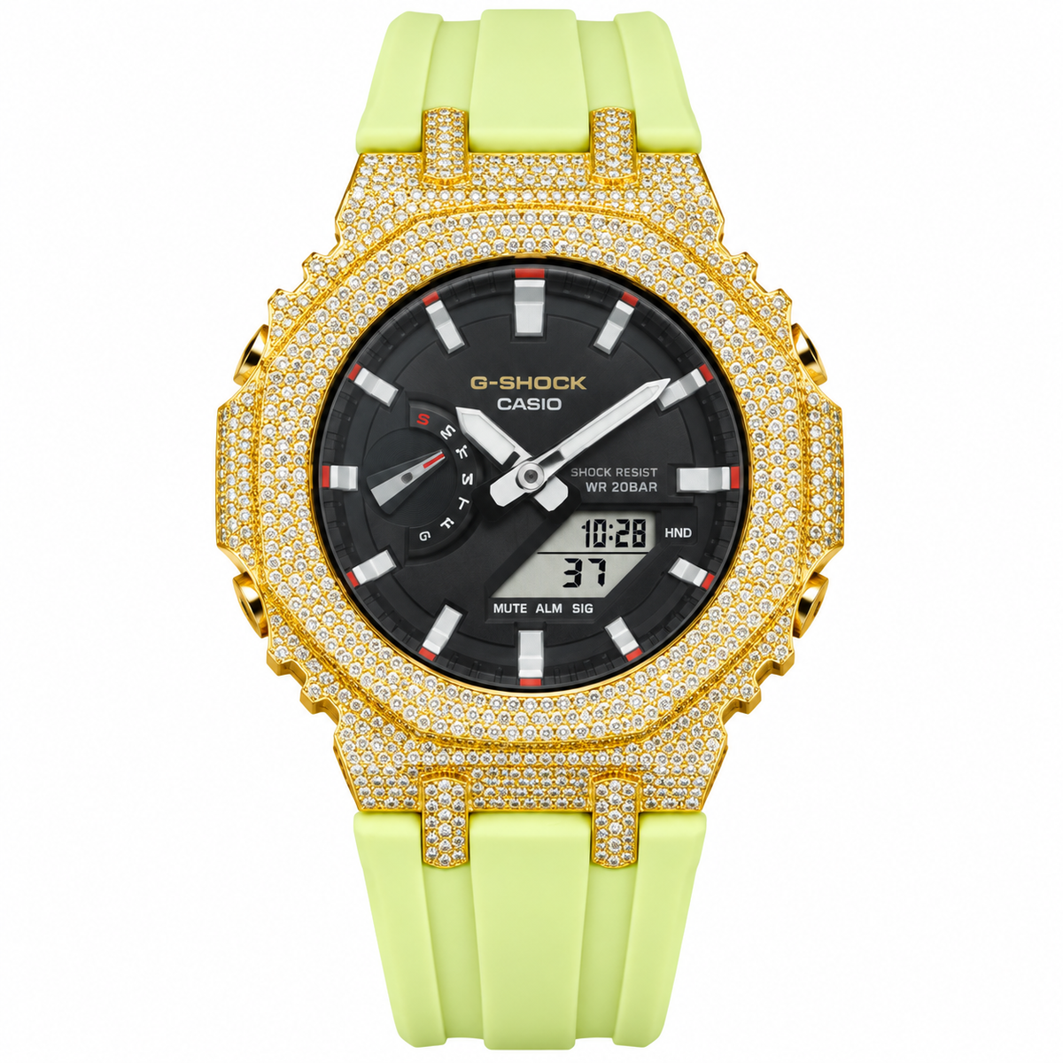 Iced Out Moissanite G-Shock Watch – Yellow Bezel, Lime Green Band