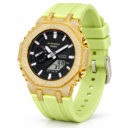 Iced Out Moissanite G-Shock Watch – Yellow Bezel, Lime Green Band, view 2