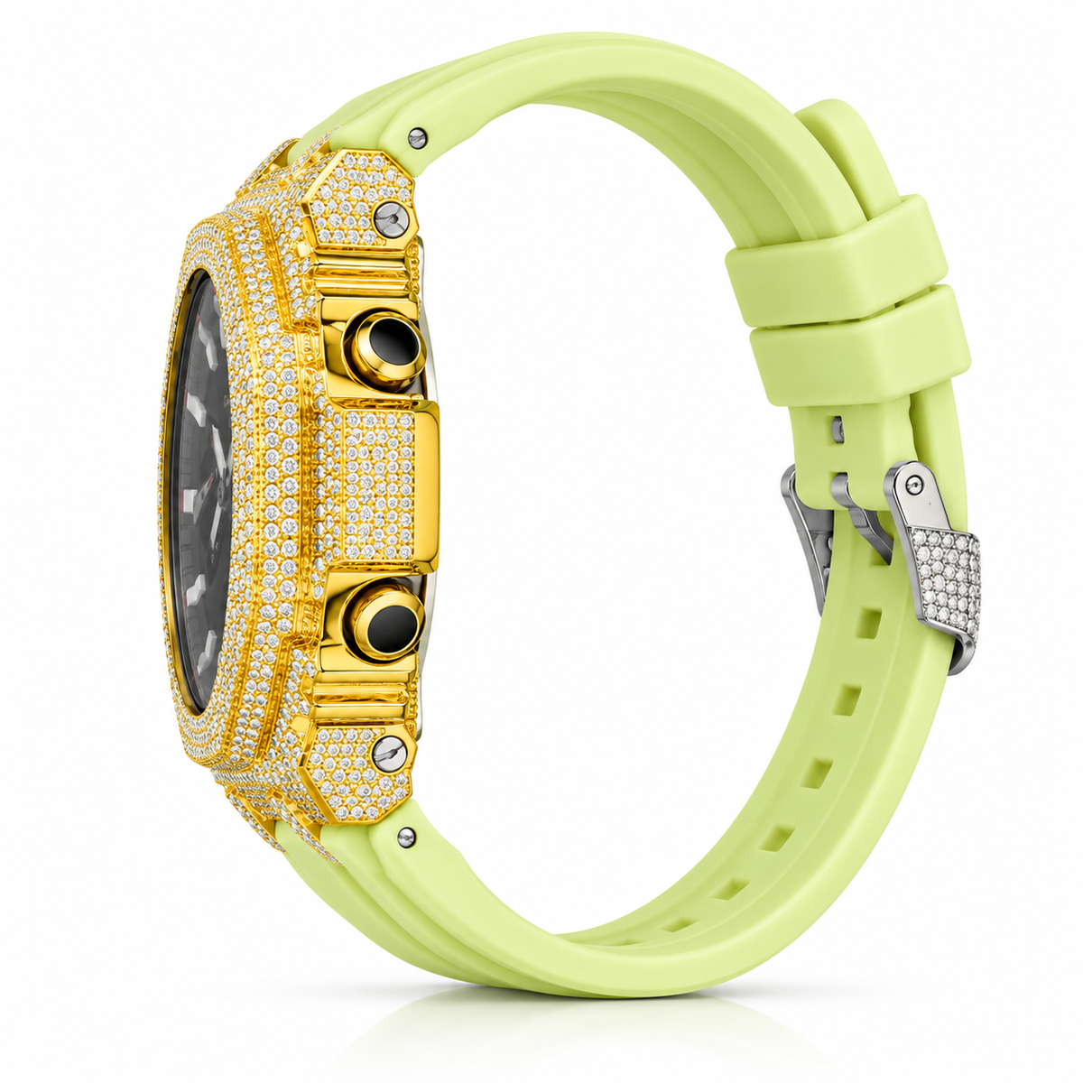 Iced Out Moissanite G-Shock Watch – Yellow Bezel, Lime Green Band, view 3