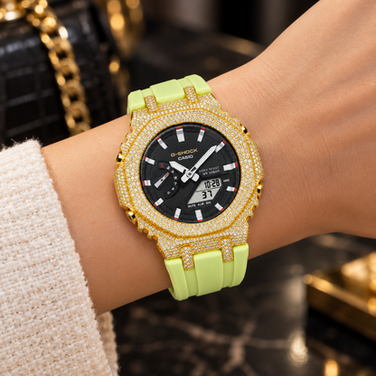 Iced Out Moissanite G-Shock Watch – Yellow Bezel, Lime Green Band, view 4