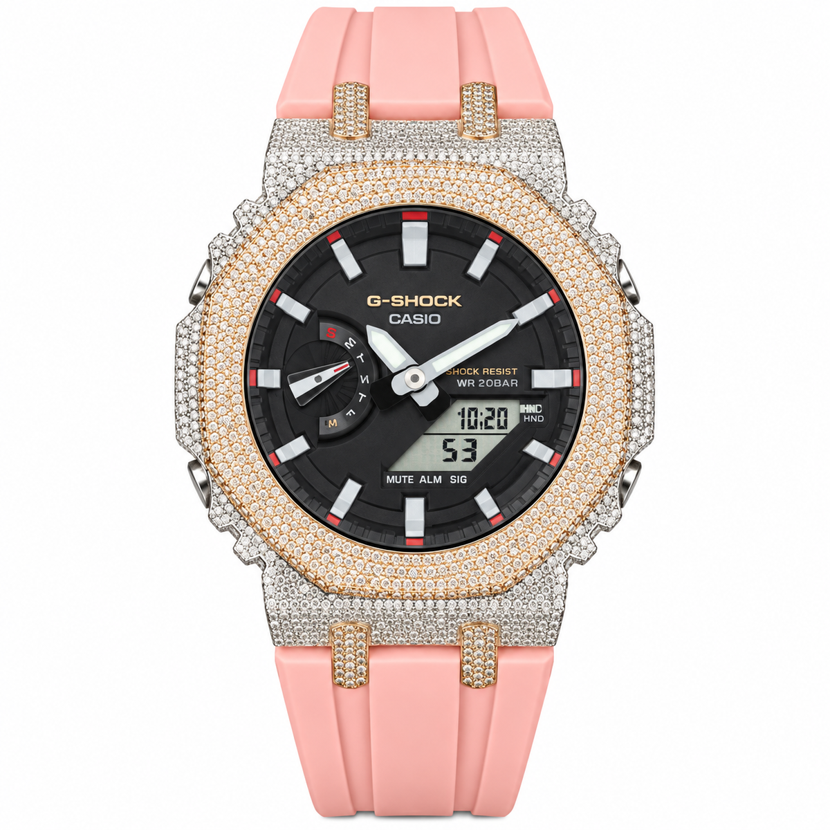 Iced Out Moissanite G-Shock Watch – Two-Tone Yellow & White Bezel, Pink Band