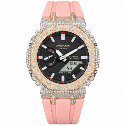 Iced Out Moissanite G-Shock Watch – Two-Tone Yellow & White Bezel, Pink Band