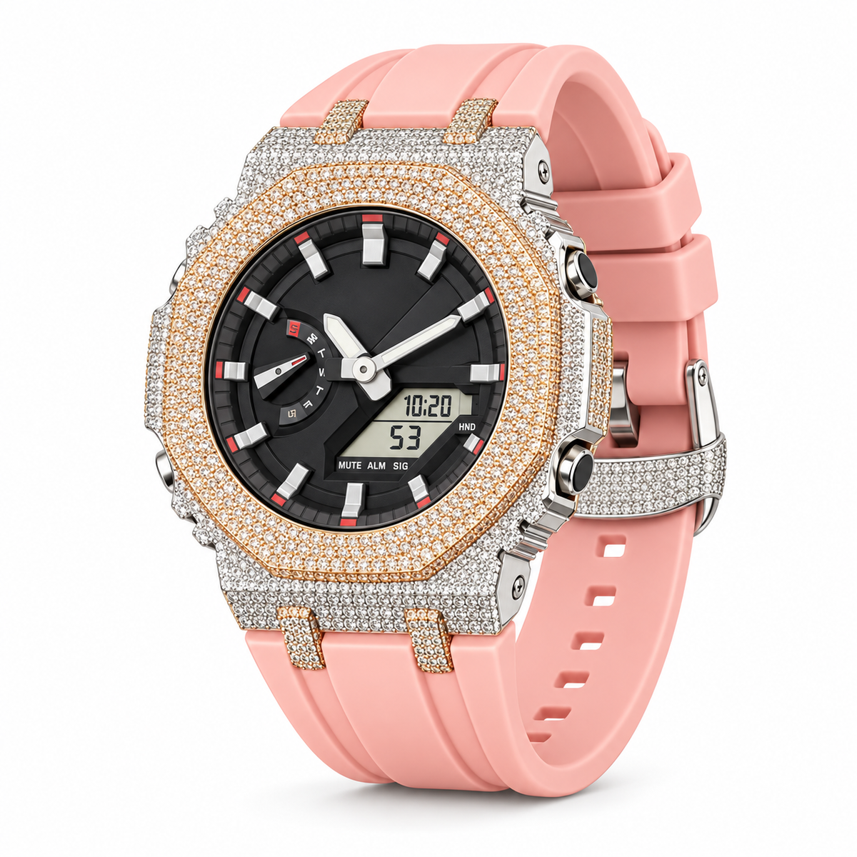 Iced Out Moissanite G-Shock Watch – Two-Tone Yellow & White Bezel, Pink Band, view 2