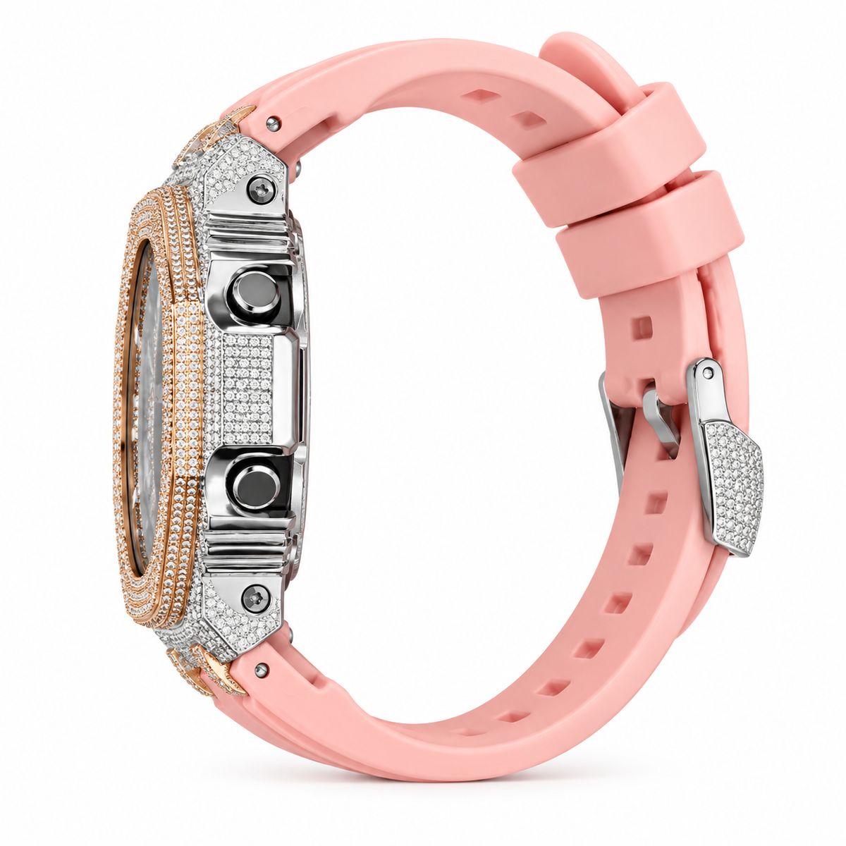 Iced Out Moissanite G-Shock Watch – Two-Tone Yellow & White Bezel, Pink Band, view 3