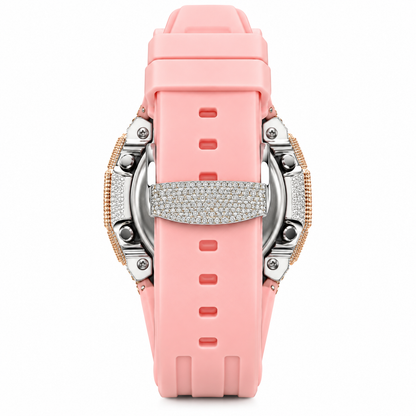 Iced Out Moissanite G-Shock Watch – Two-Tone Yellow & White Bezel, Pink Band, view 4