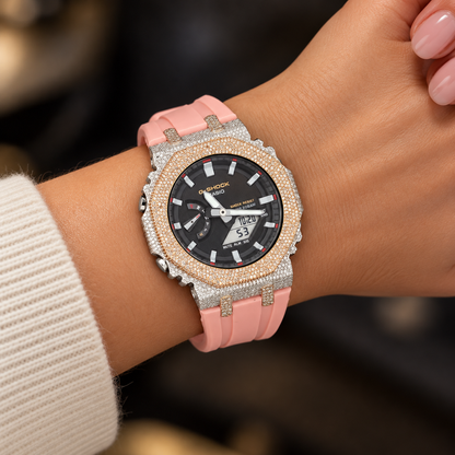 Iced Out Moissanite G-Shock Watch – Two-Tone Yellow & White Bezel, Pink Band, view 5