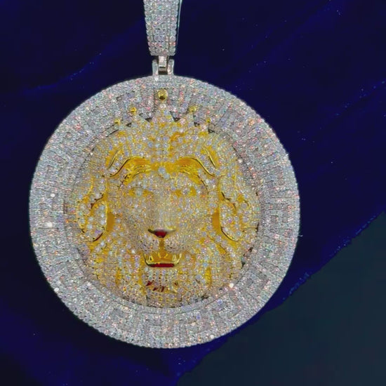 Moissanite Circle Lion Pendant, Two-Tone 925 Silver video