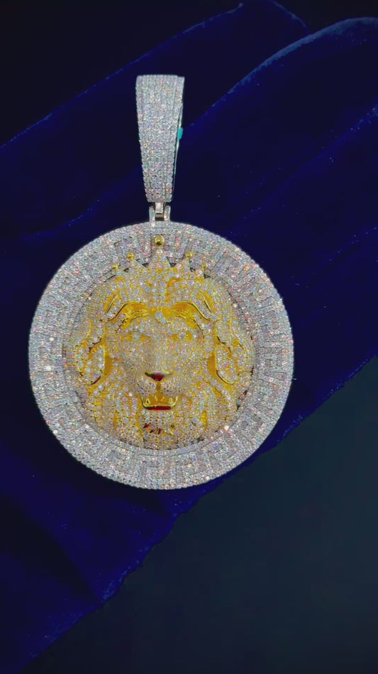 Moissanite Circle Lion Pendant, Two-Tone 925 Silver video