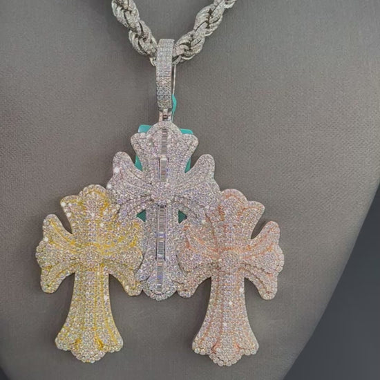 Moissanite Triple Cross Tri-Color Pendant, 925 Silver video