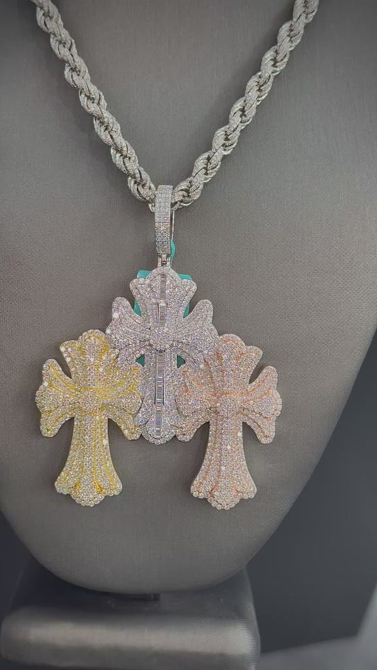 Moissanite Triple Cross Tri-Color Pendant, 925 Silver video