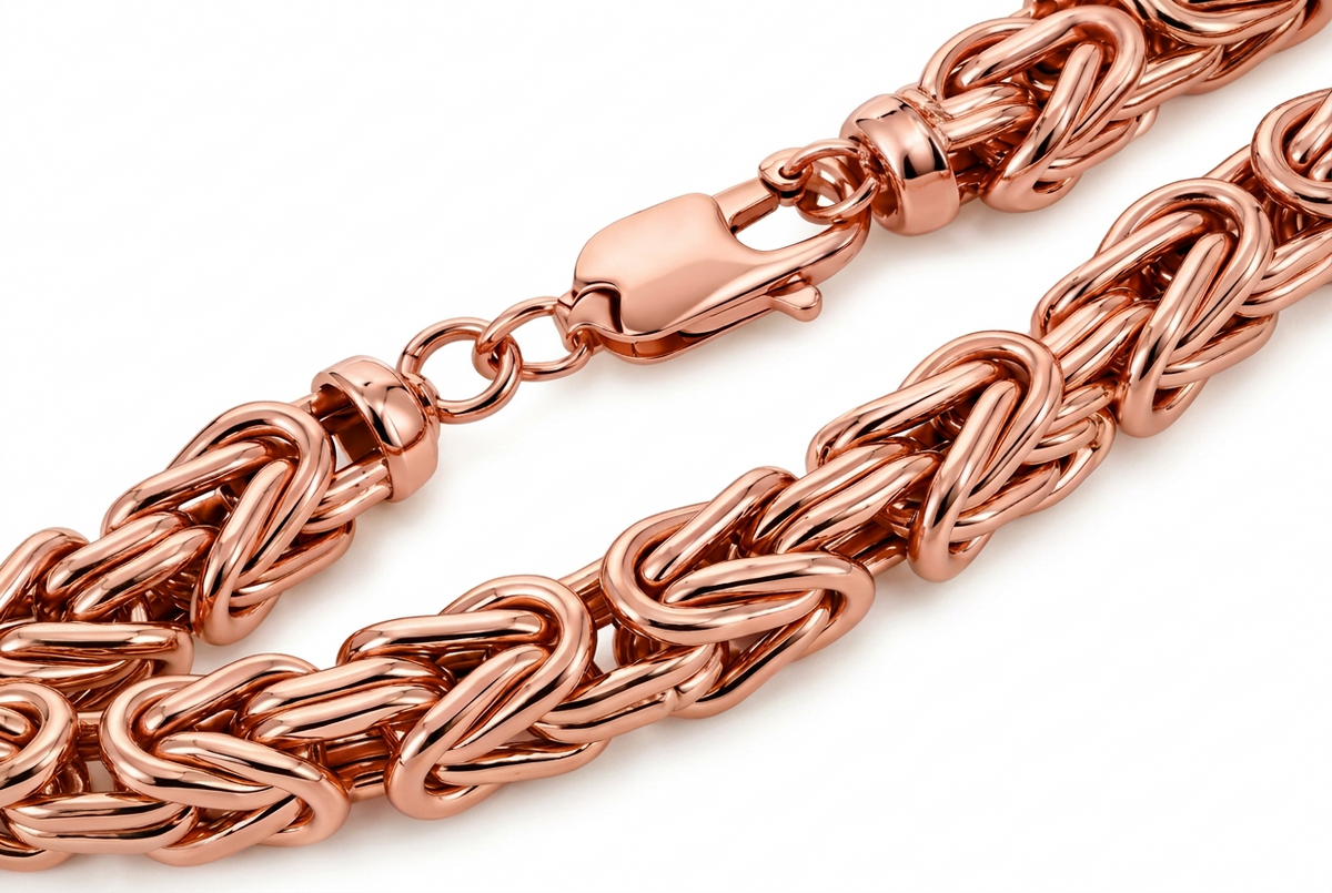 14K Rose Gold Solid Byzantine Chain Necklace, view 5