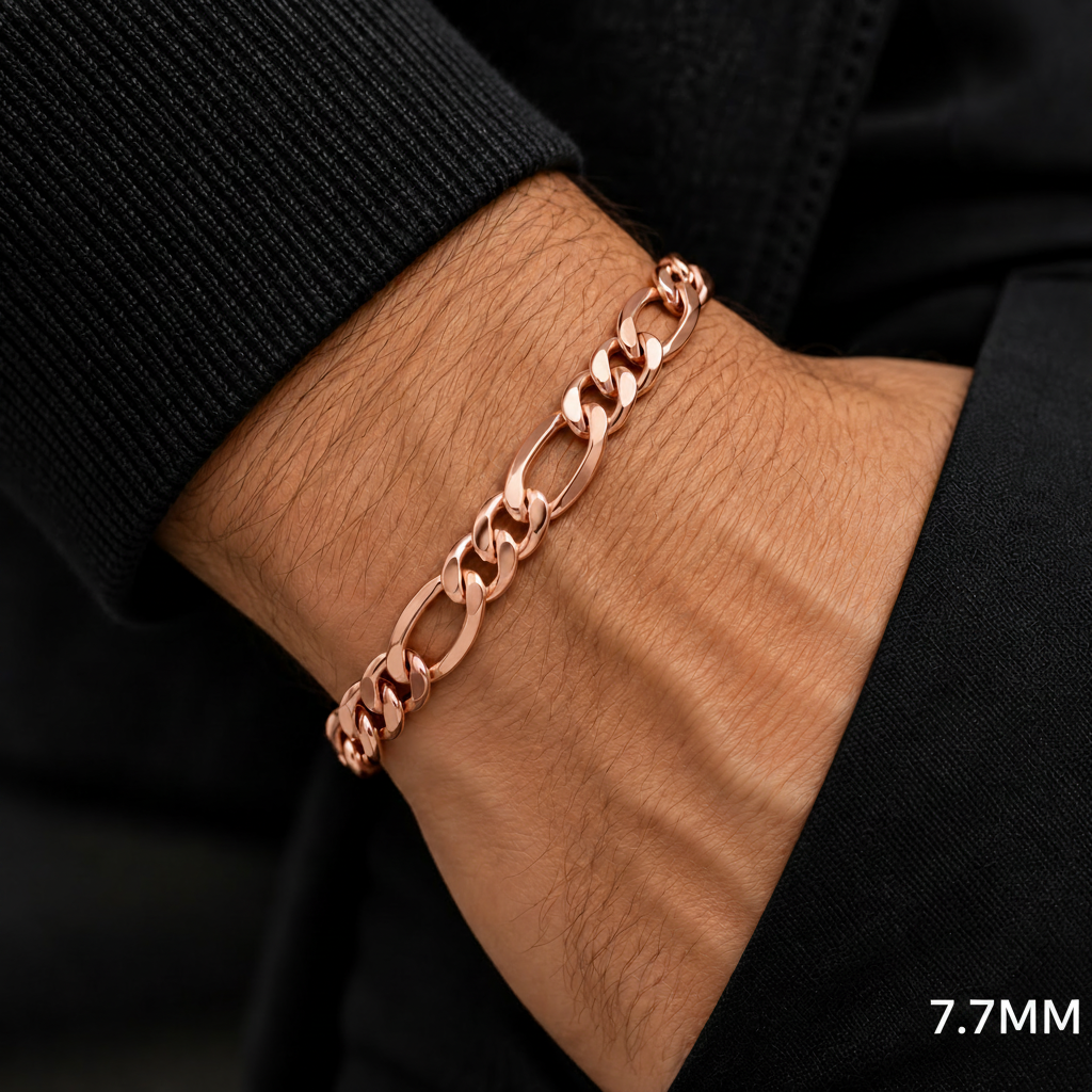 14K Rose Gold Solid Figaro Bracelet, side view