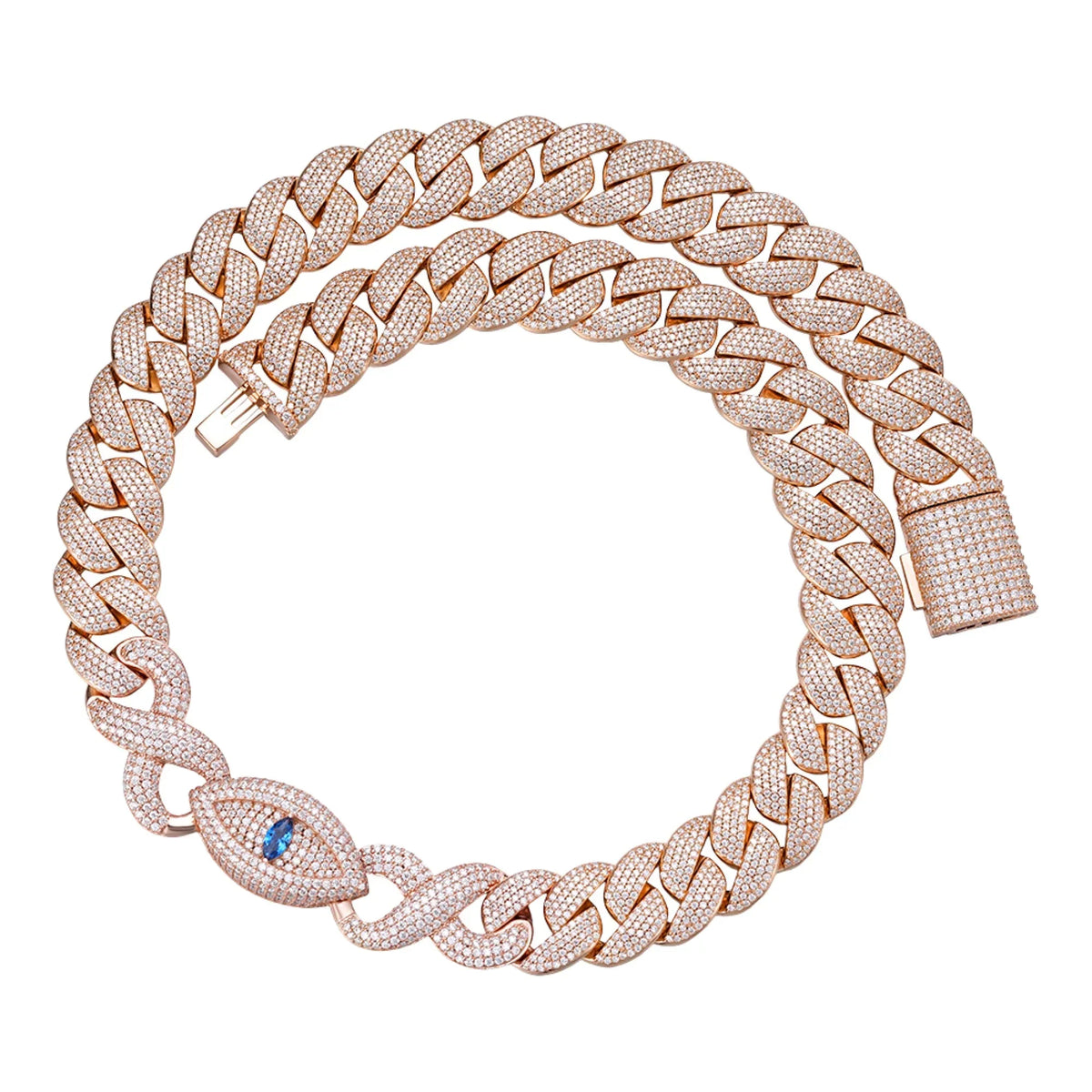 18mm Evil Eye Infinity Cuban Moissanite Chain – 925 Sterling Silver, 14K Rose Gold Finish, view 2