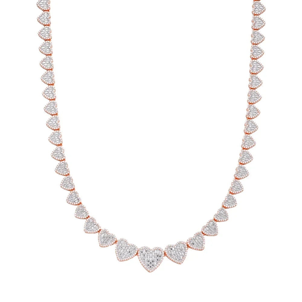 Women's 8mm Heart Link VVS D Moissanite Necklace – 925 Sterling Silver, 14K Rose Gold Finish