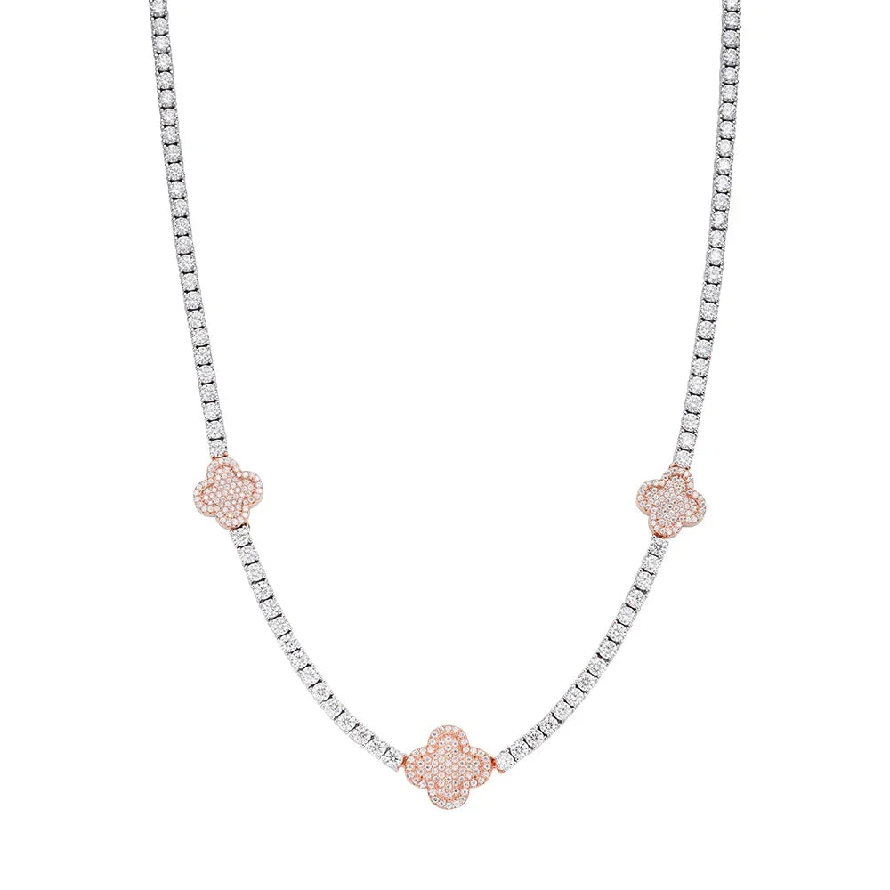 Women's Tennis & Clover VVS D Moissanite Necklace – 925 Sterling Silver, 14K Rose Gold Finish
