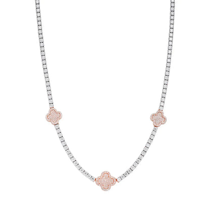 Women's Tennis & Clover VVS D Moissanite Necklace – 925 Sterling Silver, 14K Rose Gold Finish