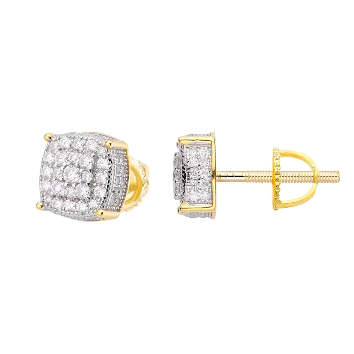 Cushion Cluster VVS D Moissanite Stud Earrings – 925 Sterling Silver, Two-Tone Yellow Gold Finish