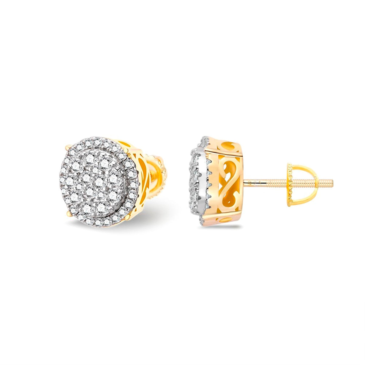 Round Halo Cluster VVS D Moissanite Stud Earrings – 925 Sterling Silver, Two-Tone Yellow Gold Finish, 0.74 CTW