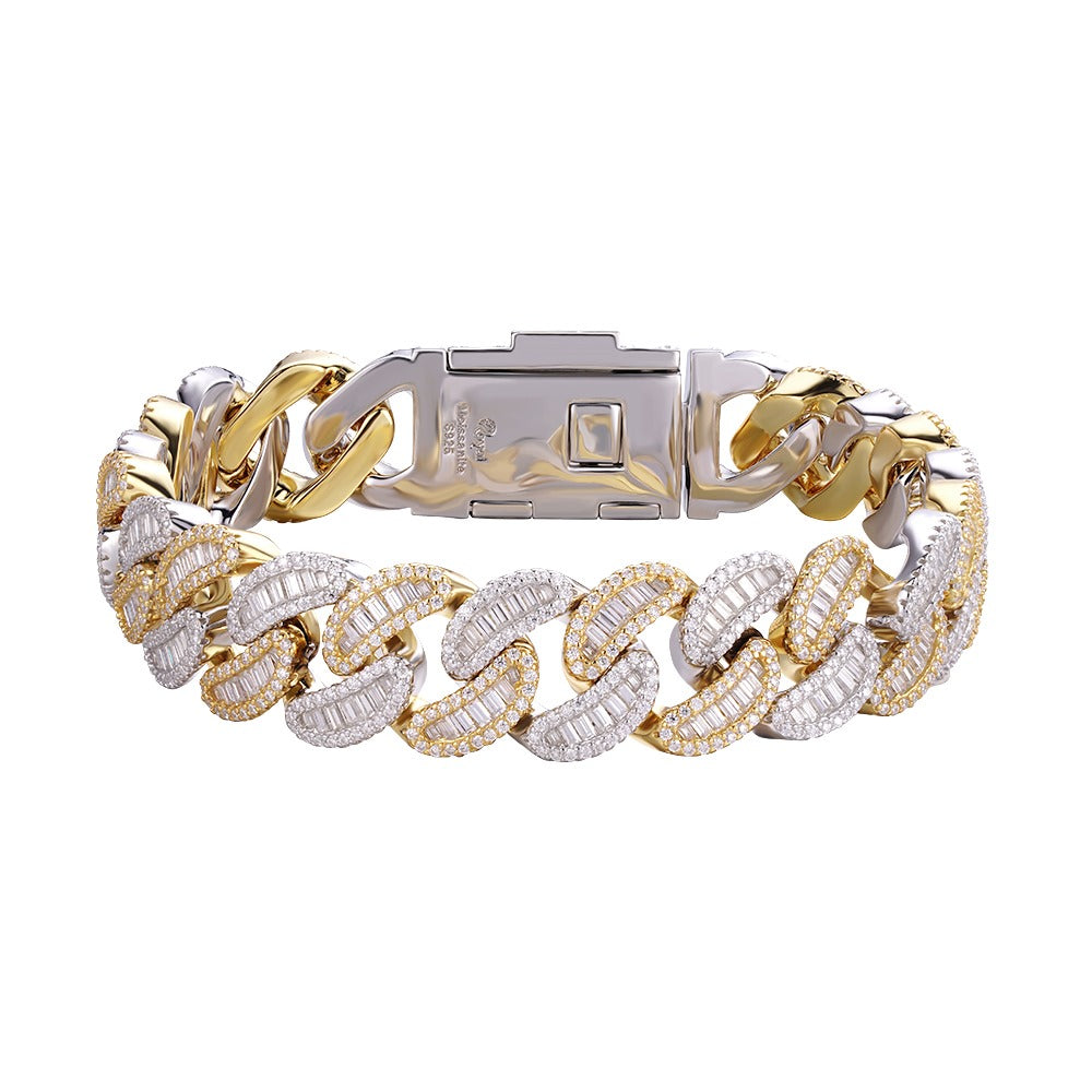 18mm Baguette Miami Cuban VVS D Moissanite Bracelet – 925 Sterling Silver, Two-Tone Finish