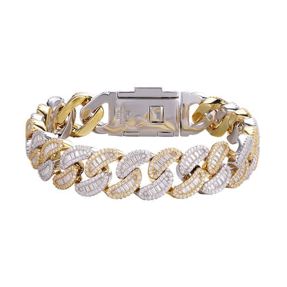 18mm Baguette Miami Cuban VVS D Moissanite Bracelet – 925 Sterling Silver, Two-Tone Finish
