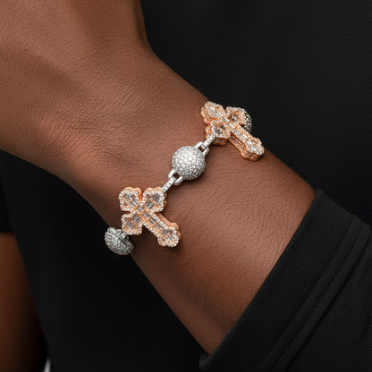 Bead Ball Cross VVS D Moissanite Bracelet – 925 Sterling Silver, Two-Tone Rose Gold Finish, view 2