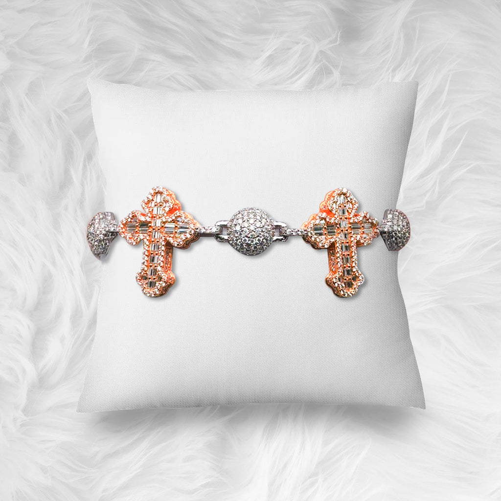 Bead Ball Cross VVS D Moissanite Bracelet – 925 Sterling Silver, Two-Tone Rose Gold Finish