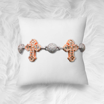 Bead Ball Cross VVS D Moissanite Bracelet – 925 Sterling Silver, Two-Tone Rose Gold Finish