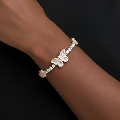 3mm Baguette Tennis Butterfly VVS D Moissanite Bracelet – 925 Sterling Silver, Two-Tone Rose Gold Finish, view 2