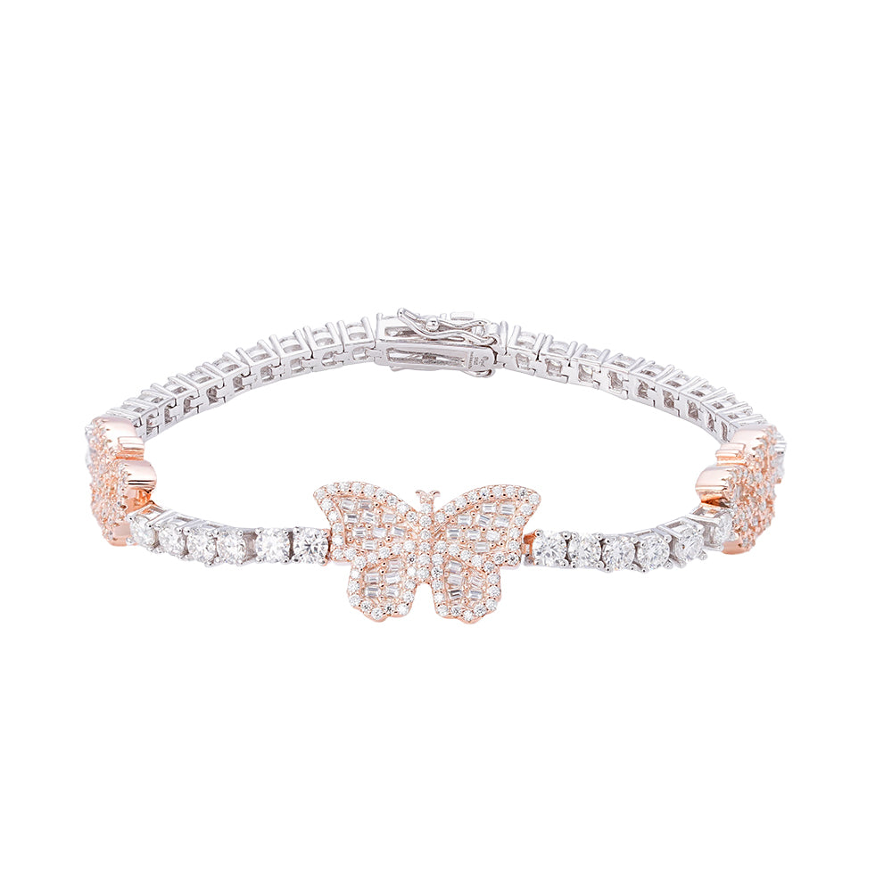 3mm Baguette Tennis Butterfly VVS D Moissanite Bracelet – 925 Sterling Silver, Two-Tone Rose Gold Finish