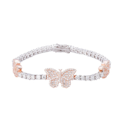 3mm Baguette Tennis Butterfly VVS D Moissanite Bracelet – 925 Sterling Silver, Two-Tone Rose Gold Finish