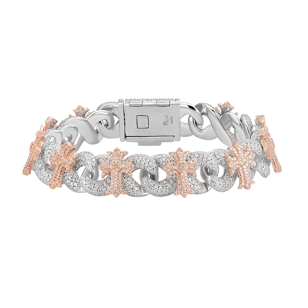 15mm Cross Cuban Link VVS D Moissanite Bracelet – 925 Sterling Silver, Two-Tone Rose Gold Finish