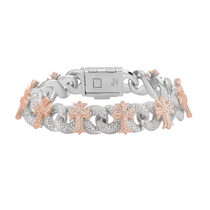 15mm Cross Cuban Link VVS D Moissanite Bracelet – 925 Sterling Silver, Two-Tone Rose Gold Finish