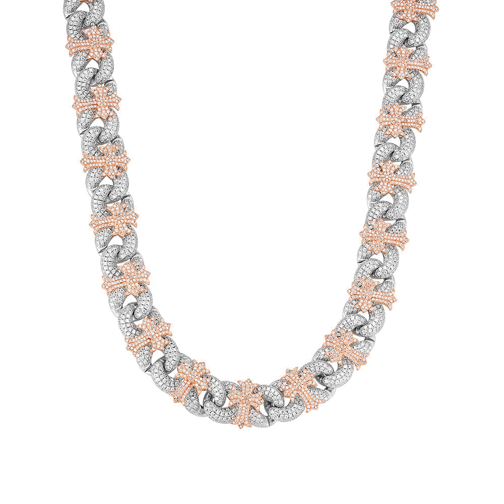 15mm Cross Cuban Link VVS D Moissanite Chain – 925 Sterling Silver, Two-Tone Rose Gold Finish