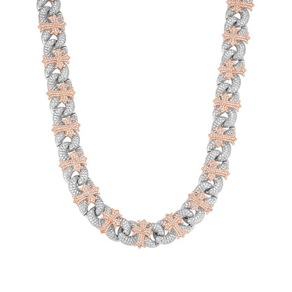 15mm Cross Cuban Link VVS D Moissanite Chain – 925 Sterling Silver, Two-Tone Rose Gold Finish