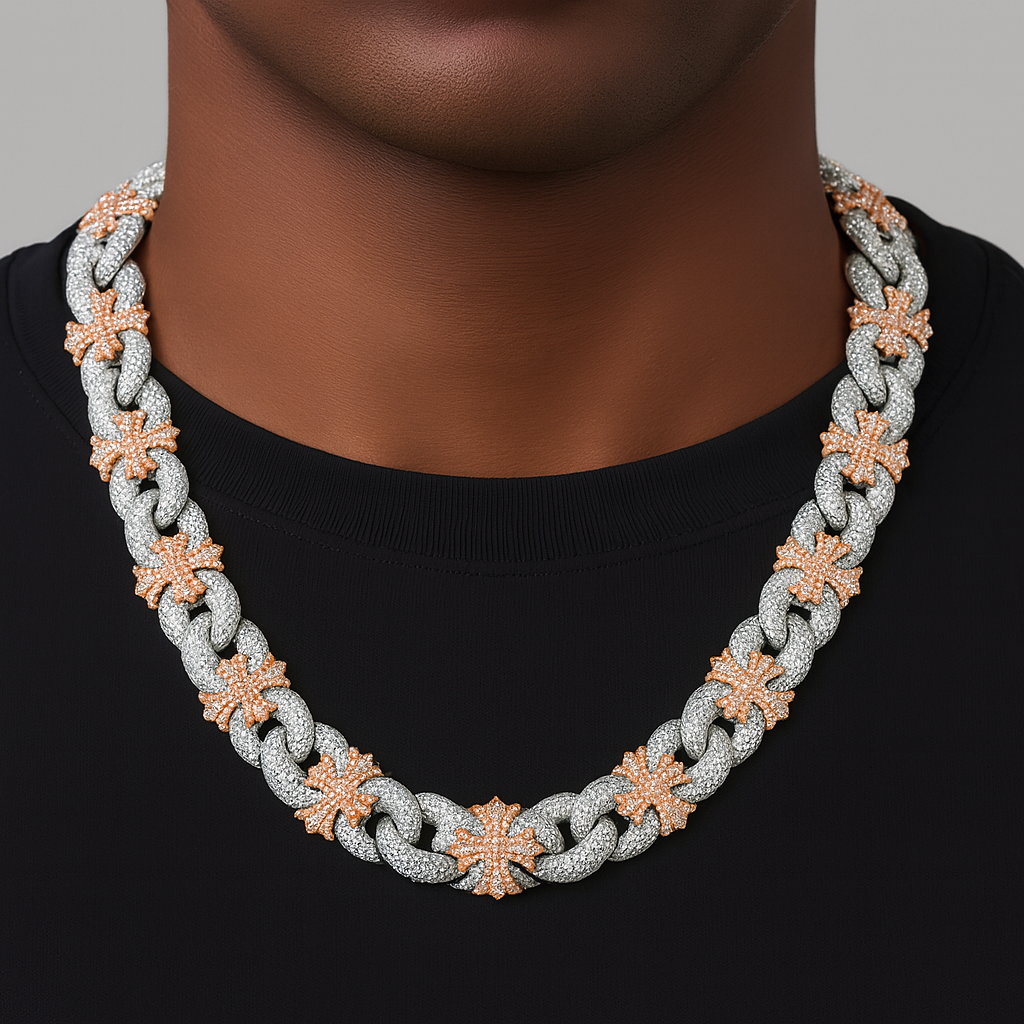15mm Cross Cuban Link VVS D Moissanite Chain – 925 Sterling Silver, Two-Tone Rose Gold Finish, view 2