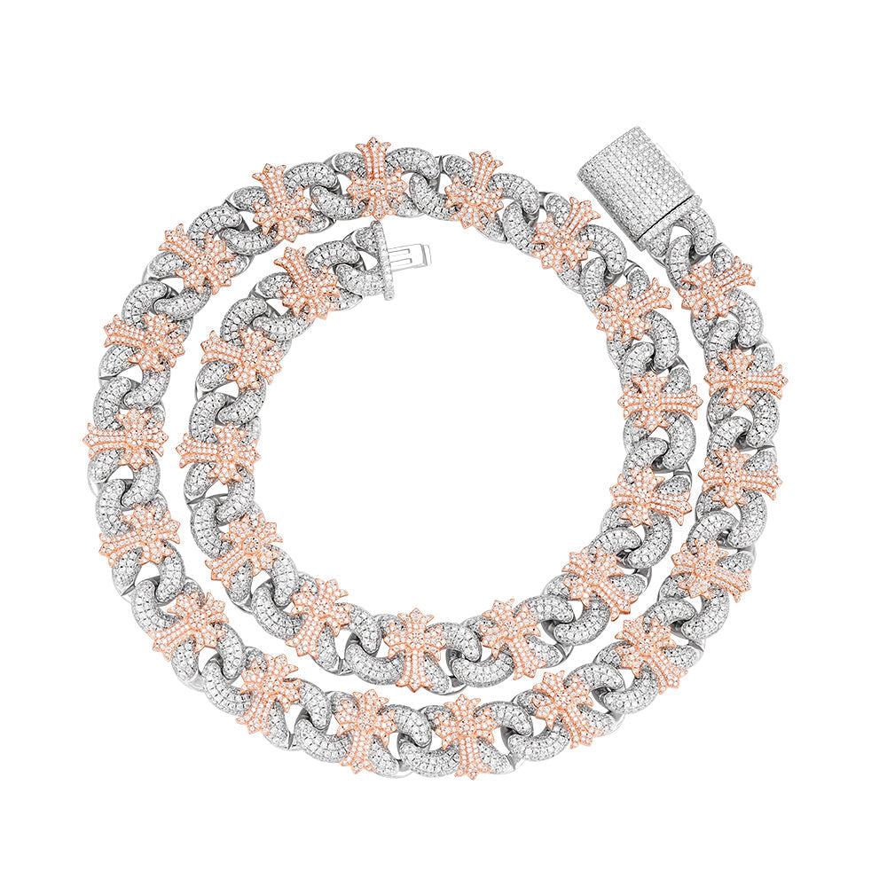 15mm Cross Cuban Link VVS D Moissanite Chain – 925 Sterling Silver, Two-Tone Rose Gold Finish, view 3