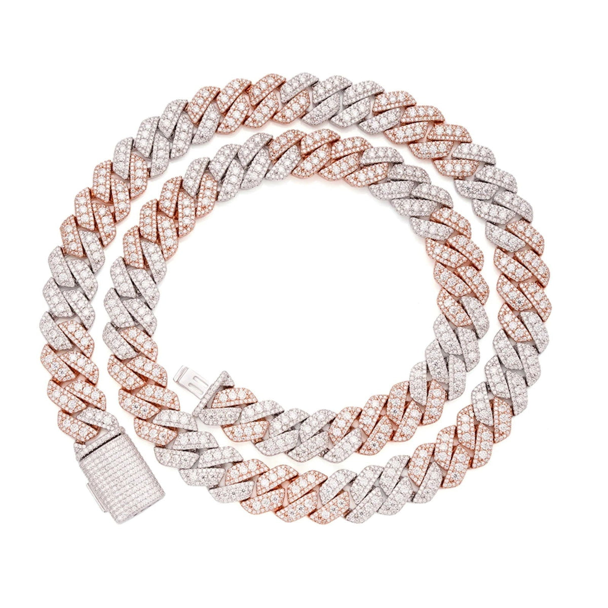 12mm Miami Cuban VVS D Moissanite Chain 30 CTW – 925 Sterling Silver, Two-Tone Rose Gold Finish, view 3