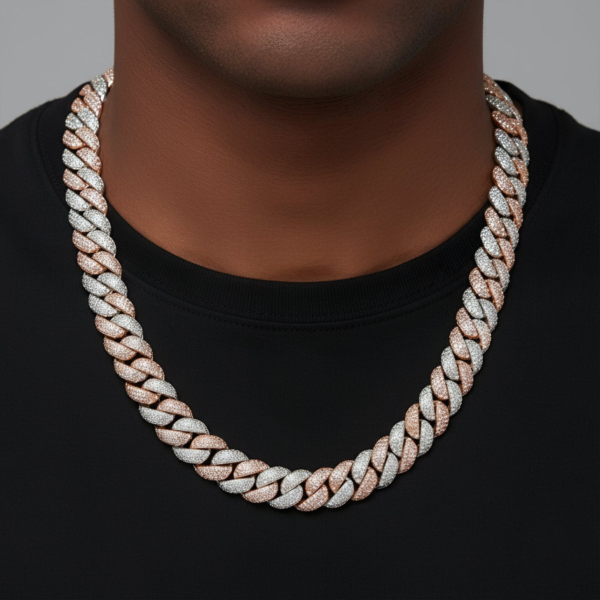 12mm Miami Cuban VVS D Moissanite Chain – 925 Sterling Silver, Two-Tone Rose Gold Finish, view 2